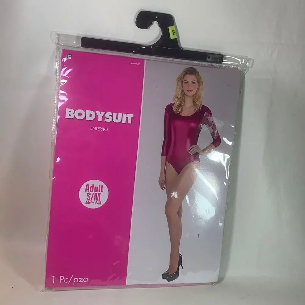 NEW Hot Pink Metallic Long Sleeve Bodysuit Scoop Neck Novelty Use Only S/M Sexy
